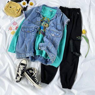 Printed Pullover / Harem Pants / Denim Vest