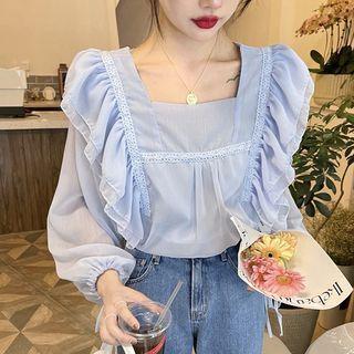 Long-sleeve Square Neck Ruffle Trim Blouse