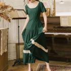 Short-sleeve Lace Trim A-line Maxi Dress