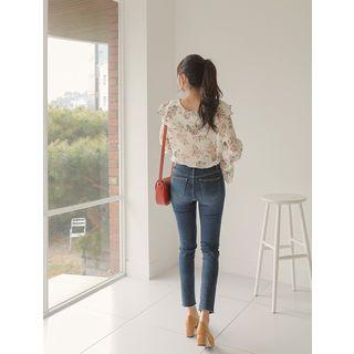 Layered-collar Bell-cuff Floral Blouse