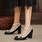 Block Heel Bow Ankle Strap Pumps