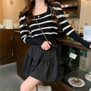 Puff-sleeve Striped Slim-fit Cropped Sweater