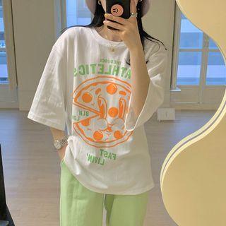 Round Neck Print Over-size Short Sleeve T-shirt/ High-waist Plain Sweat Pants