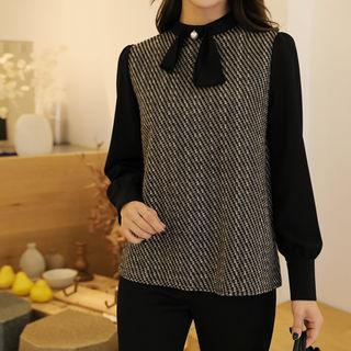 Puff-shoulder Contrast-panel Blouse