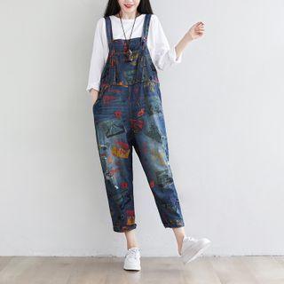 Printed Denim Jumper Pants Dark Blue - One Size