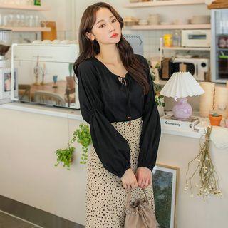 Tie-neck Shirred Balloon-sleeve Top