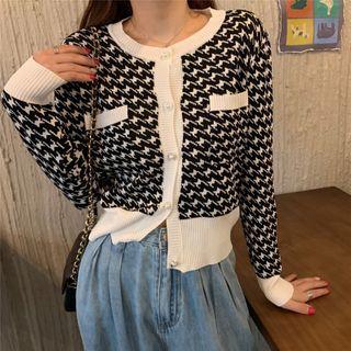 Crewneck Houndstooth Long-sleeve Cardigan