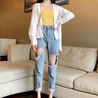 Plain Camisole Top / Slit Back Shirt / Ripped Straight Cut Jeans