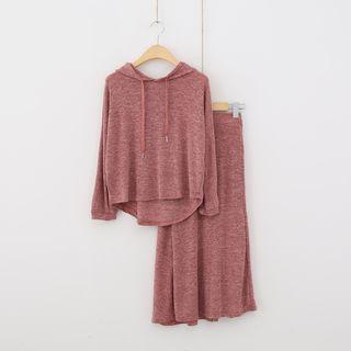 Set: Melange Hooded Sweater + Asymmetrical Knit Skirt