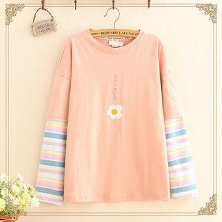 Floral Embroidered Stripe Panel Sleeve Top