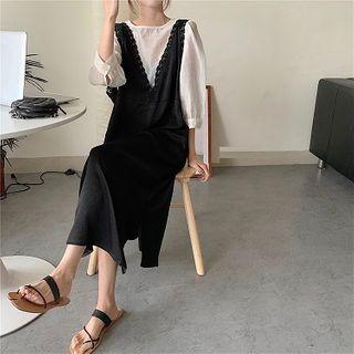 Lantern-sleeve Blouse / Lace Trim Midi Pinafore Dress
