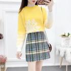 Set: Long-sleeve Print Sweater + Check A-line Skirt