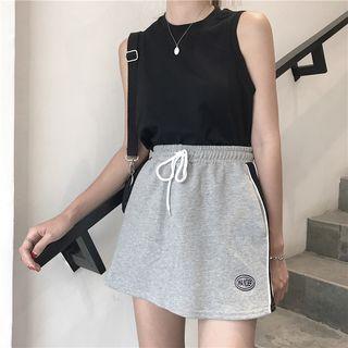 Plain Tank Top / Drawstring Embroidered Mini Skirt
