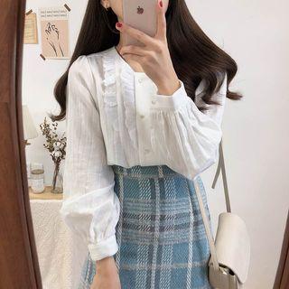 Mini A-line Skirt / Long-sleeve Ruffle Trim Blouse
