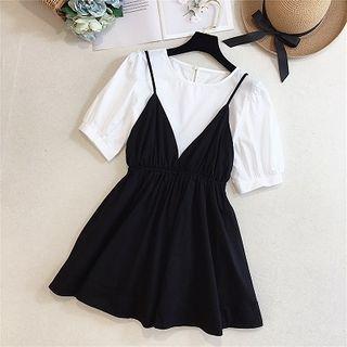 Set: Puff-sleeve Blouse + Spaghetti Strap Mini A-line Dress