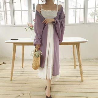 Set: Plain Midi Spaghetti Strap Dress + Cropped Light Chiffon Jacket