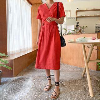 Short-sleeve Linen Blend Dress With Belt