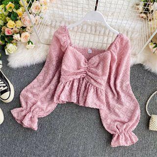 Argyle Pattern Ruched Long-sleeve Blouse