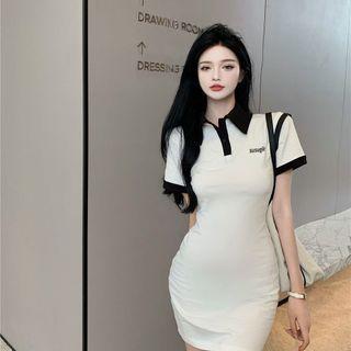 Short-sleeve Contrast Trim Mini Sheath Polo Dress