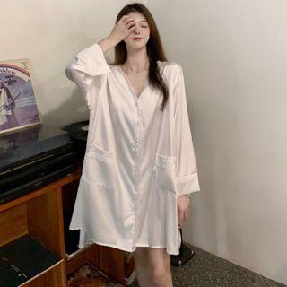 Long-sleeve Lace Trim Button-up Sleep Dress