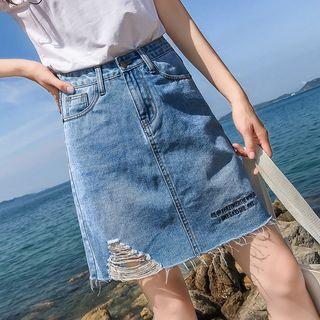Lettering Embroidered Ripped Denim Skirt