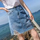 Lettering Embroidered Ripped Denim Skirt