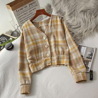 V-neck Buttoned Plaid Long-sleeve Top