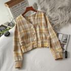 V-neck Buttoned Plaid Long-sleeve Top