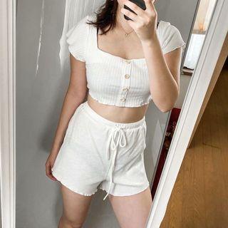 Set: Short-sleeve Square-neck Cropped Knit Top + Mini Pencil Skirt