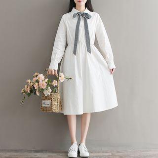Long-sleeve Plain Collared A-line Dress
