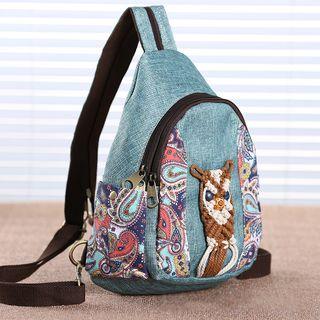 Patterned Woven Applique Canvas Sling Bag Green - One Size