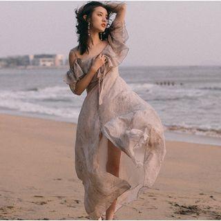 Elbow-sleeve Cold Shoulder Maxi Chiffon Dress