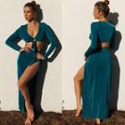 Set: Long Sleeve Deep V Neck Crop Top + Slit Maxi Skirt