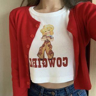 Short-sleeve Angel Print T-shirt / Cardigan
