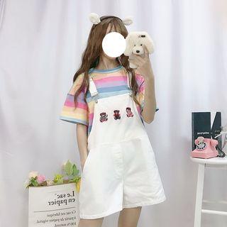 Short-sleeve Striped T-shirt / Embroidered Jumper Shorts