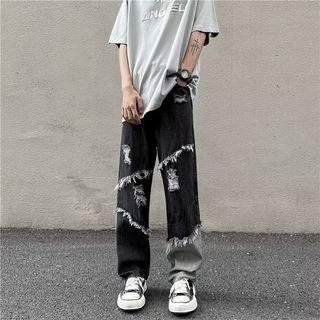 Frayed Washed Loose Fit Jeans