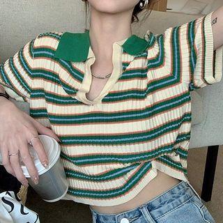 Elbow-sleeve Collar Striped Knit Top Stripe - Green - One Size