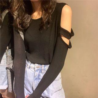 Long-sleeve Asymmetric Cold Shoulder Knit Top