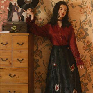 Set: Button-up Blouse + Embroidered Midi Skirt
