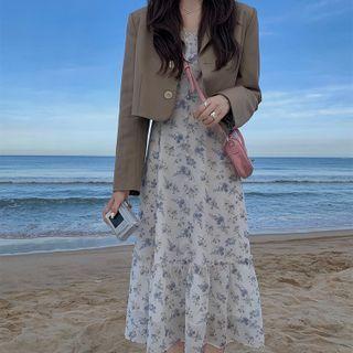 Cropped Blazer / Spaghetti Strap Floral Print Midi Dress