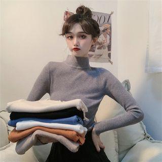 Semi Round-neck Plain Sheath Long-sleeve Knit Top
