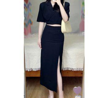 Short-sleeve Crop Blazer / Midi Pencil Skirt