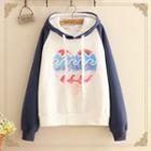Heart Print Color-block Sleeve Hooded Sweater