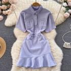 Short-sleeve Lapel Ruffle Denim Dress