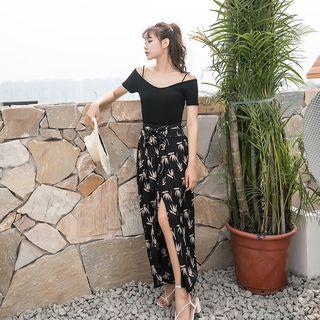 Set: Short-sleeve Cold Shoulder Top + Print Culottes