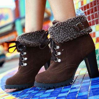 Faux Suede Furry Block Heel Ankle Boots