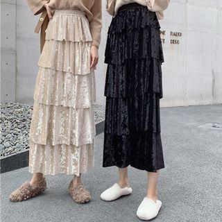 Midi Accordion Pleat Velvet Layered Skirt