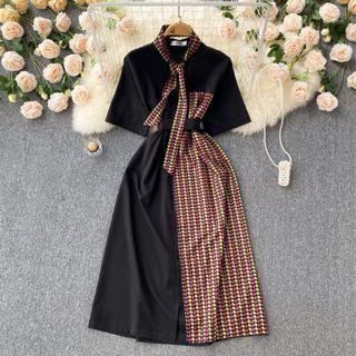 Short-sleeve Tie-neck Floral Panel Midi A-line Dress Black - One Size