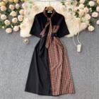 Short-sleeve Tie-neck Floral Panel Midi A-line Dress Black - One Size