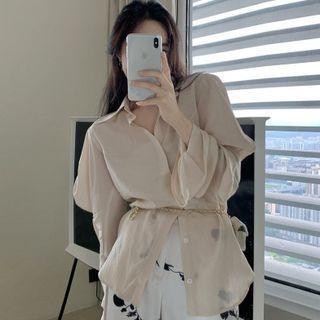 Open-collar Shirt / Floral Print Wide Leg Pants